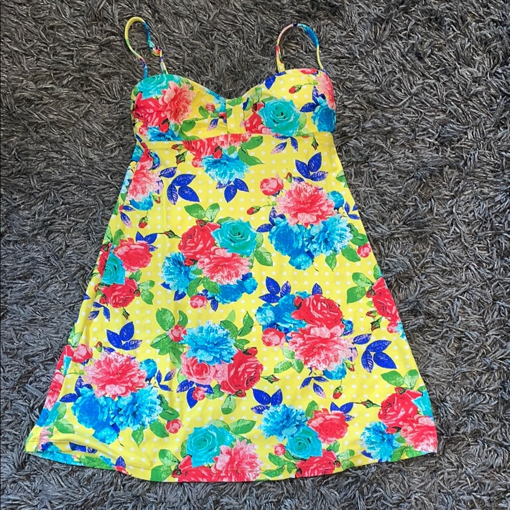 Sunsets Floral women summer swim Dress - Yellow with Multicolor Flowers size s